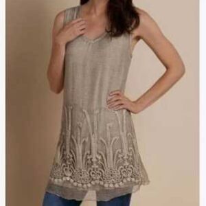 NWOT Soft Surroundings Silk Sophia Tunic Top Tank Beaded Sequin Sheer Grey P M